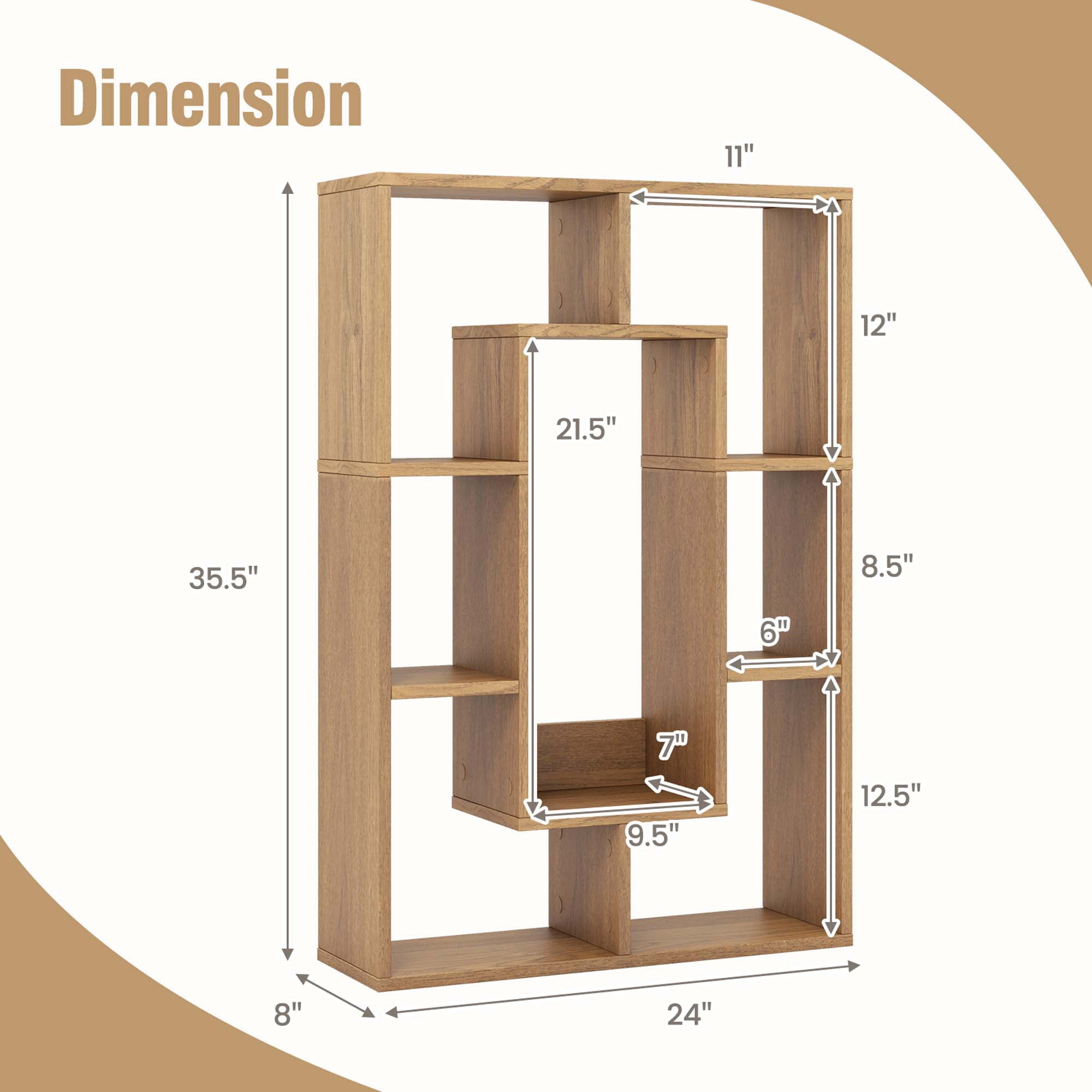 Costway 7-Cube Geometric Bookshelf with Anti-Toppling Device Modern Open Bookcase Natural