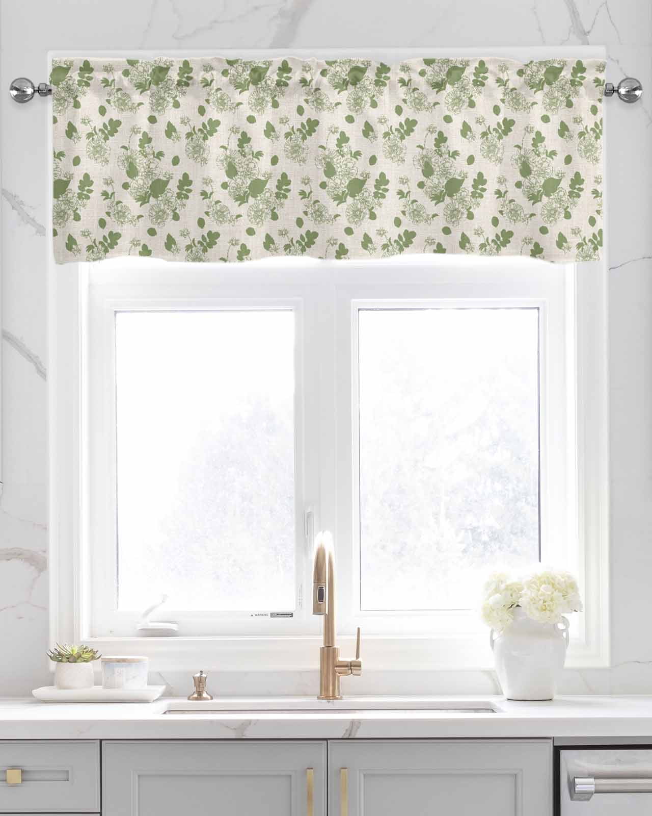 Rustic Sage Leaves Linen Curtain Valance for Bedroom/Bathroom/Kitchen/Office/Living/Dining Room Windows,Spring Botanical Green Flower Beige Pocket Topper Drapes Decorative Cafe Drapery Panel 54x18