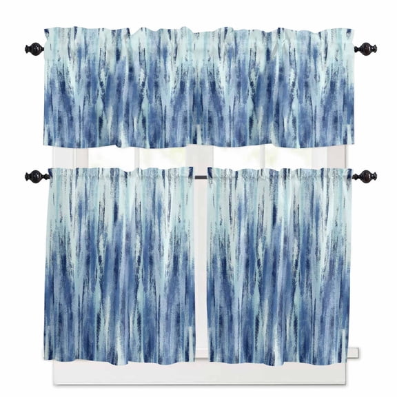 Blue Navy Nostalgia Pencil Touches Kitchen Curtains Valance and Tier Set Gradient Lines Overlay Rod Pocket Short Curtains for Small Window 3 Pieces Set for Bedroom Bathroom Cafe (54" x 18" 27" x 24")