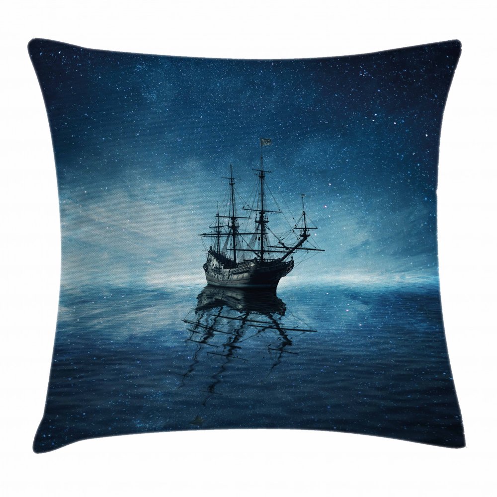 Pirate Ship Throw Pillow Cushion Cover, Ship on Dark Blue Sea with