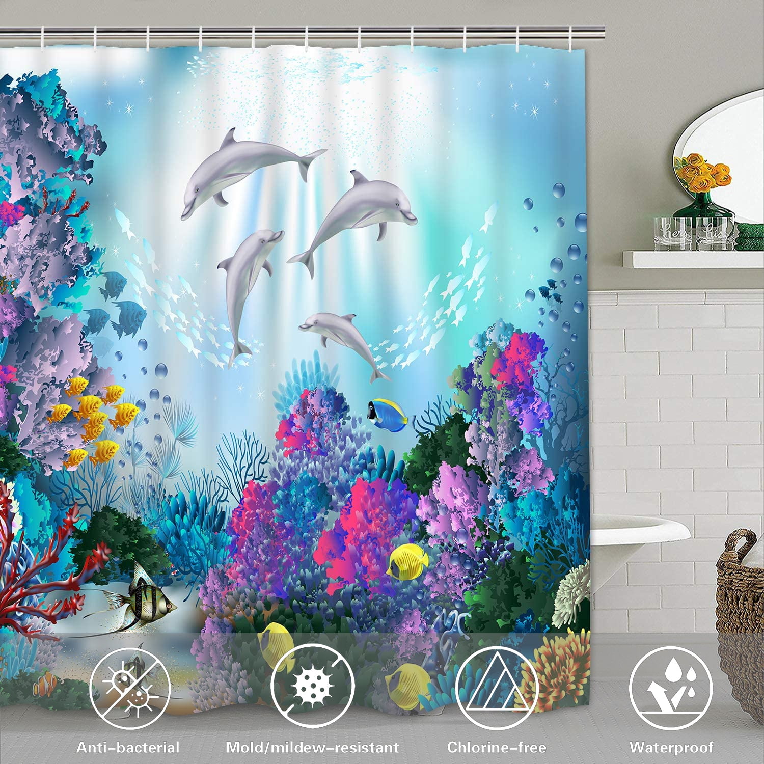 Blue Dolphin Shower Curtain and Rug Sets, 4 Pc Ocean World Bathroom Sets