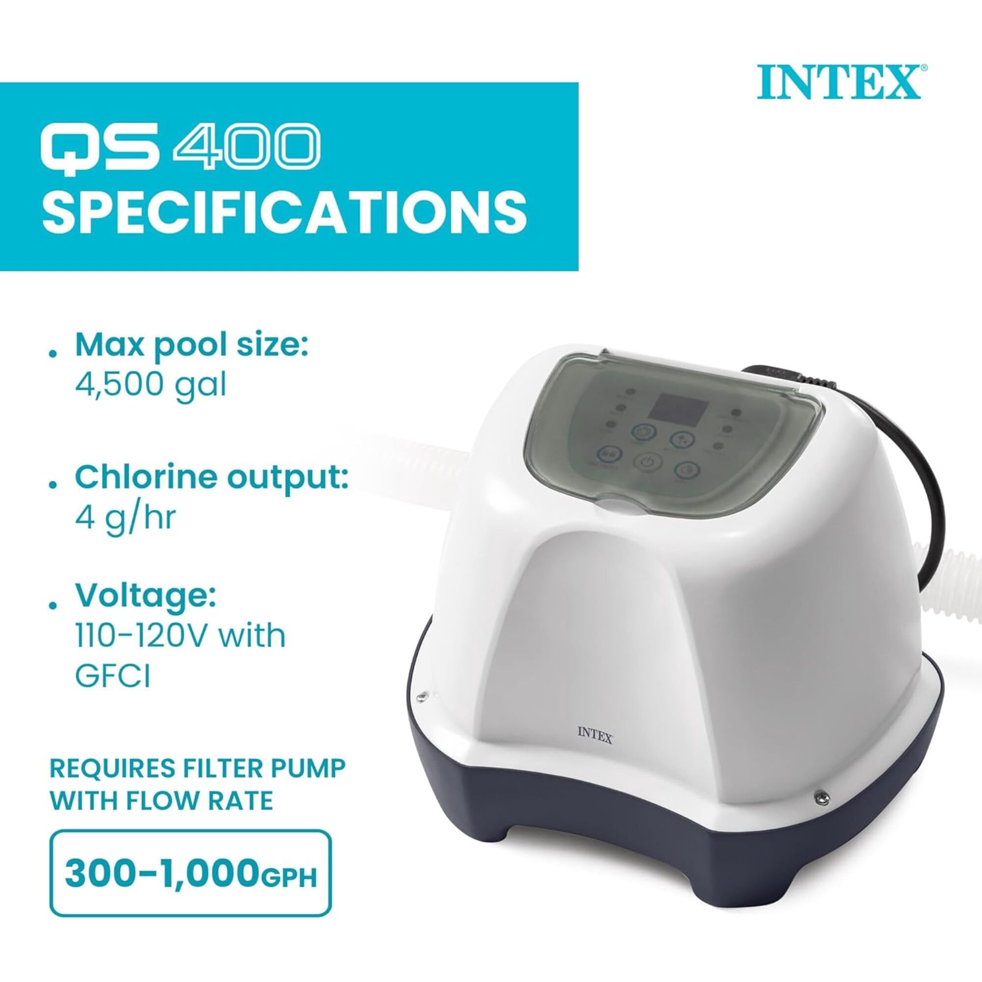Intex: Krystal Clear: Saltwater Chlorine System - QS400 - Sanitize Up To 4500 Gal Above Ground Pools, Filter Pump Connect, Self-Clean, GFCI, 26663EG