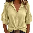 thumbnail image 2 of ClodeEU Women's Linen Blend Button 3/4 Sleeve Shirt with Tiered Ruffle ,Solid Color Casual Blouse Yellow,Women's Plus M, 2 of 7