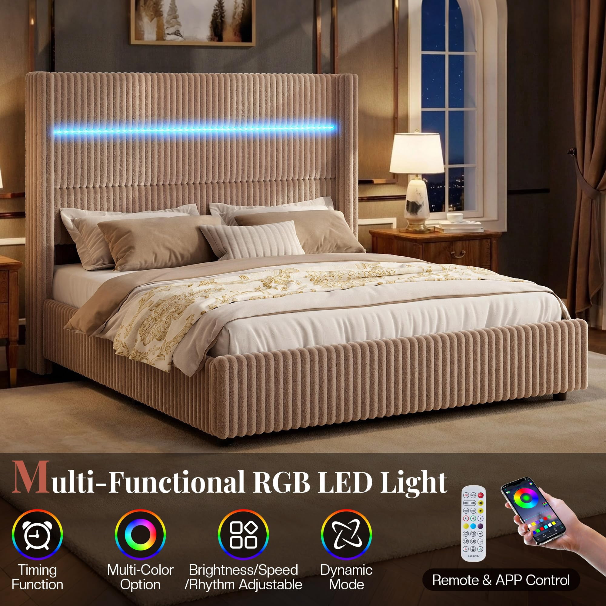 VanAcc 51.2" H Full Size LED Bed Frame, Corduroy Upholstered Platform Bed with 4 Storage Drawers & Charging Station Wingback Headboard, Dark Khaki