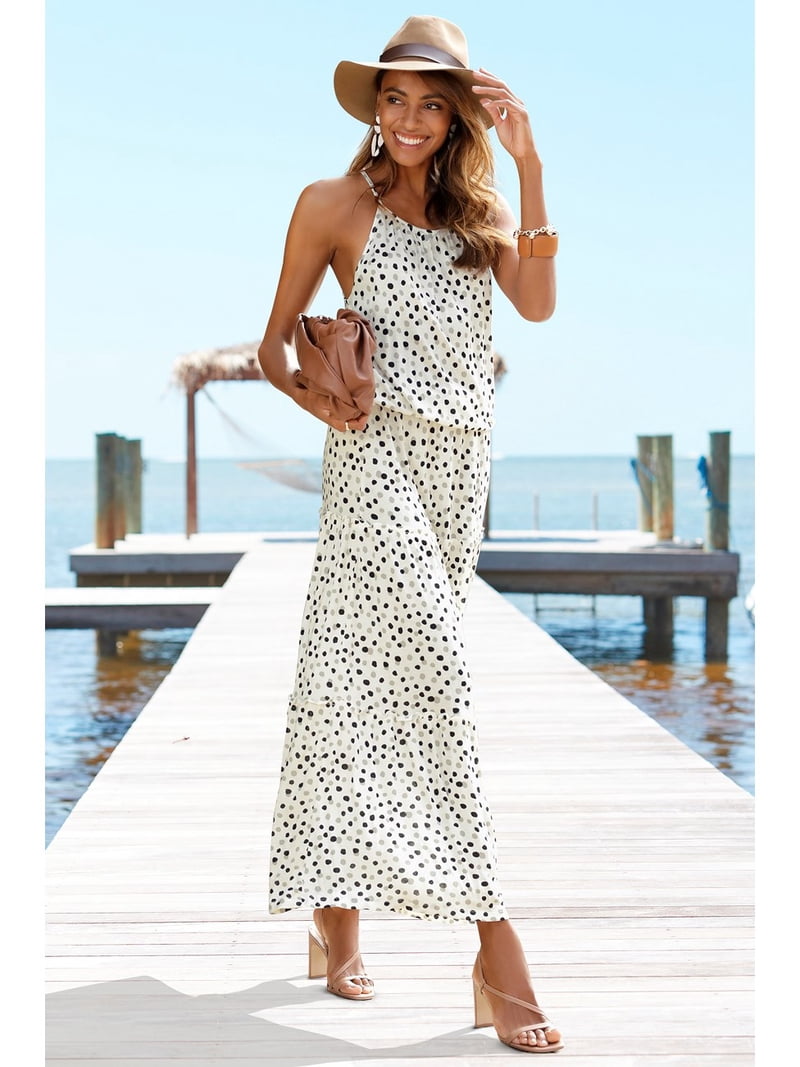 lascana maxi dresses Lascana Venus Black Brown & Orange Tropical Print Strapless Maxi Dress –  Jubilee Thrift