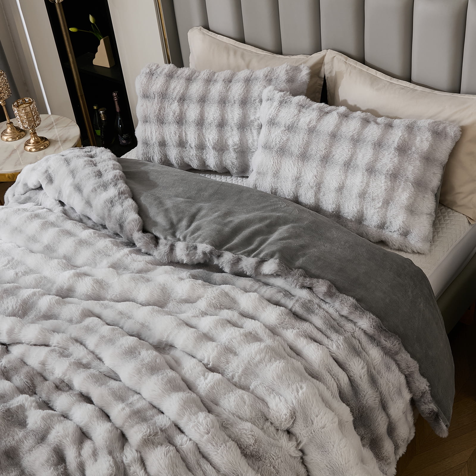 Plush Rabbit Faux Fur Comforter Set Queen/King Size Tie Dyed Fluffy Comforter Bed Set Luxury 3 Pieces Warm Shaggy Winter Comforter Queen Size Soft Bubble Bedding Comforter Set