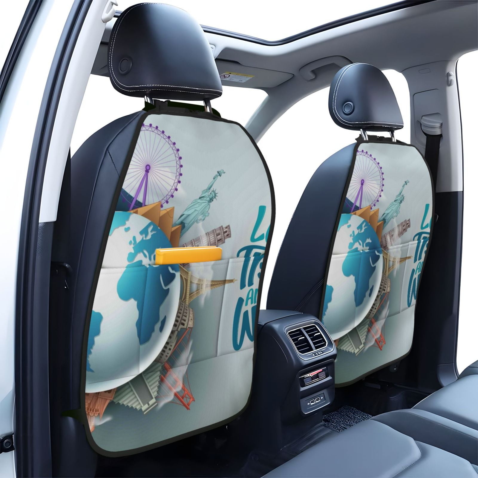 Xecao Let's go Travel Around the World Pattern Car Seat Back Protector 2 Pack Large Capacity Pocket, Kick Mats Back Seat Protector