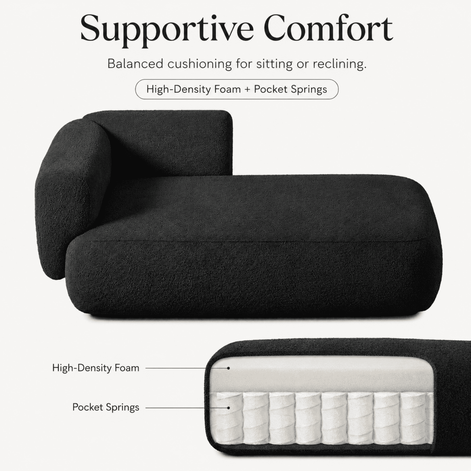 Miniyam Boucle Chaise Lounge Chair, One Arm Upholstered Chaise Sofa with Single-Sided Back and Legs for Living Room, Black