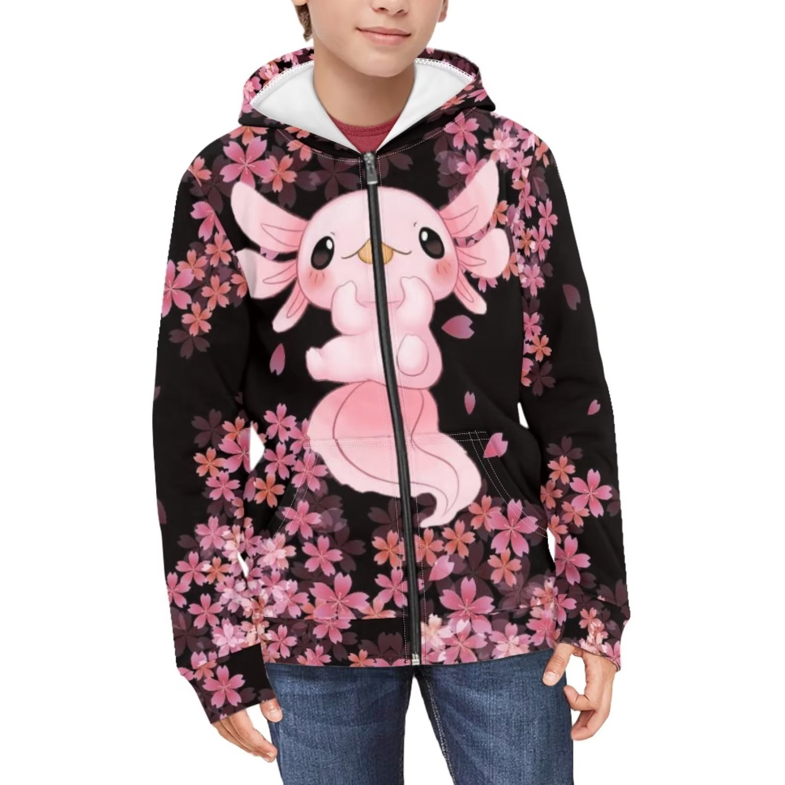 FKELYI Cherry Blossom Zipper Hoodies Size 14-16 Comfortable Axolotl ...