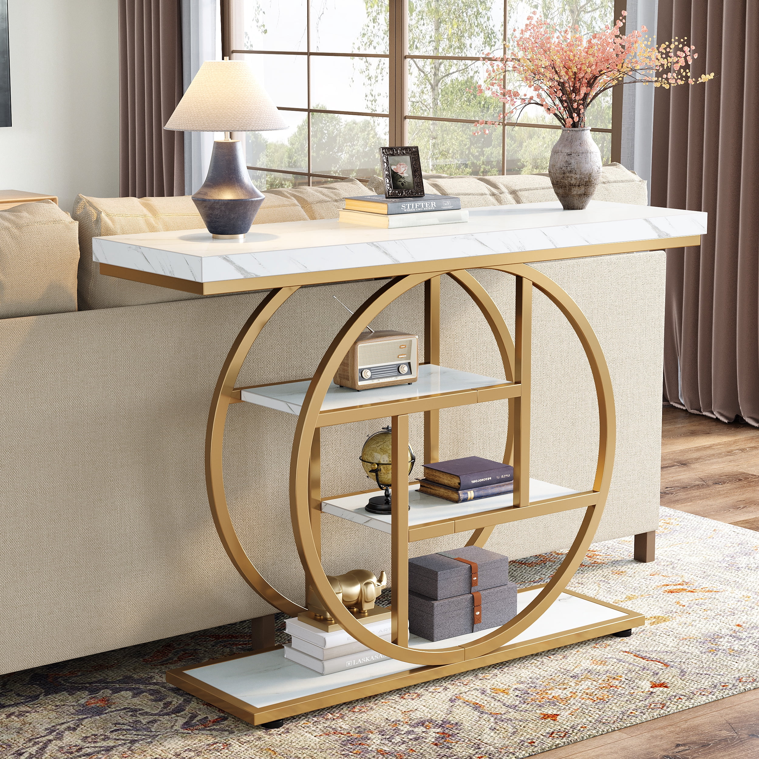 Fnova Console Table, Entryway Table with 4-Tier Storage Shelves, 42" Wood Modern Narrow Long Side Table, , Sofa Table, Accent Table for Living Room, Entryway, Hallway, White and Gold