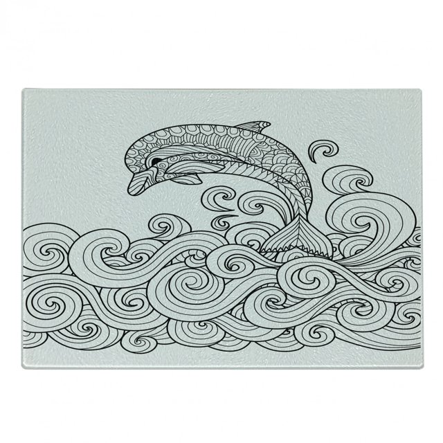Dolphin Cutting Board, Black and White Zentangle Nautical Image Waves and Animal Jumping out of Water, Decorative Tempered Glass Cutting and Serving Board, Small Size, Black White, by Ambesonne