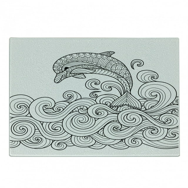 Dolphin Cutting Board, Black and White Zentangle Nautical Image Waves and Animal Jumping out of Water, Decorative Tempered Glass Cutting and Serving Board, Small Size, Black White, by Ambesonne