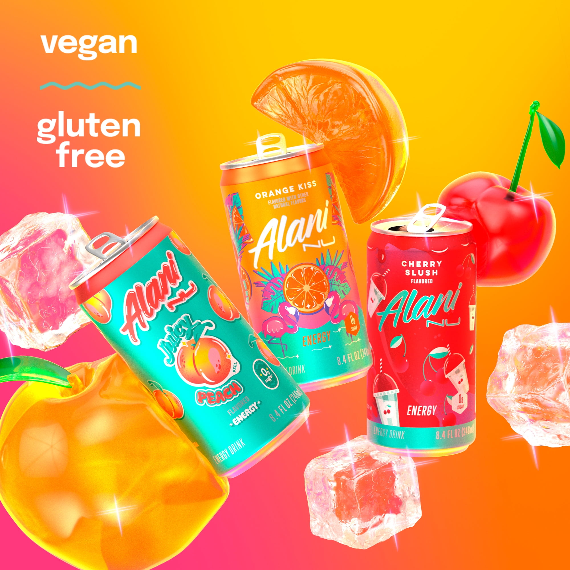 Alani Nu, Mini Variety Pack Cherry Slush, Juicy Peach, Orange Kiss, 8.4 fl oz, pack of 12