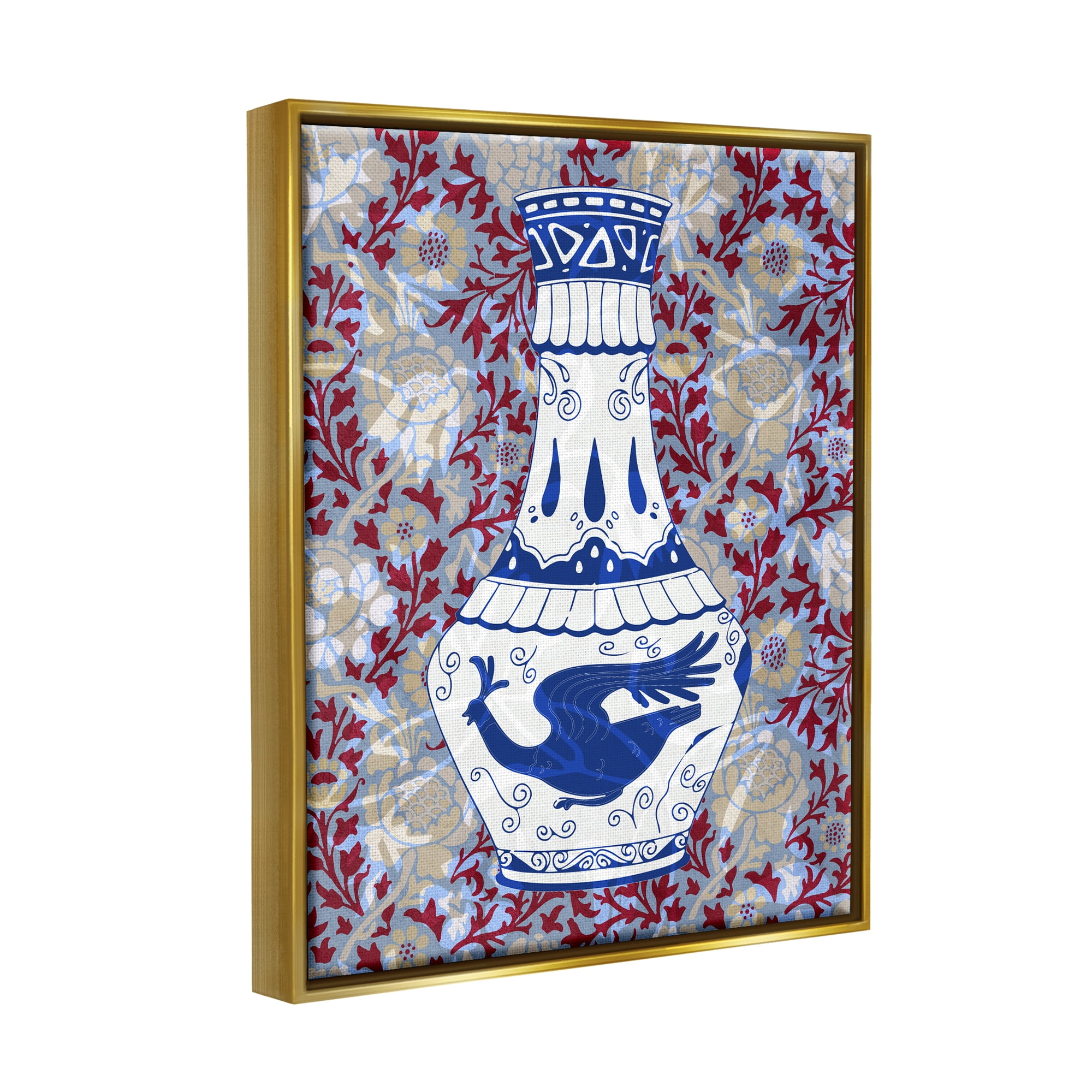 Stupell Industries Red & Blue Baroque Vase Pattern Botanical & Floral Painting Gold Floater Framed Art Print Wall Art