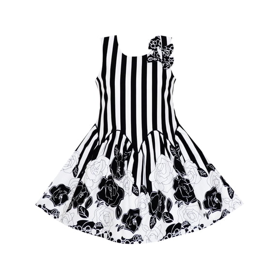 Girls Dress Sleeveless Black White Stripes Flower Bow Tie 7