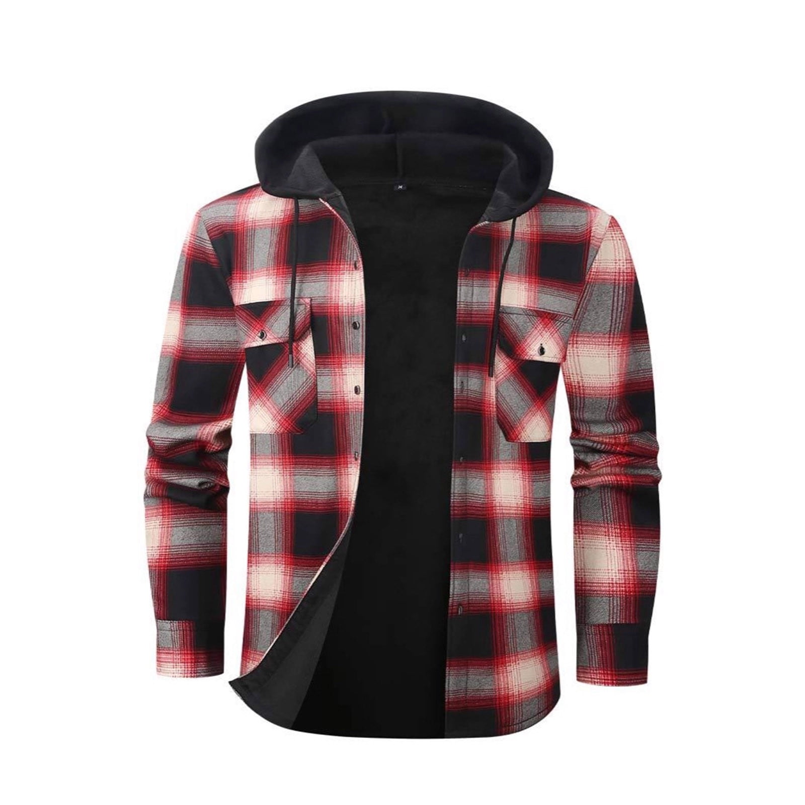 DDAPJ pyju Men's Flannel Shirt Jacket with Hood Fleece Lined Plaid Jacket Big and Tall Zip Up Winter Warm Coat Red XL