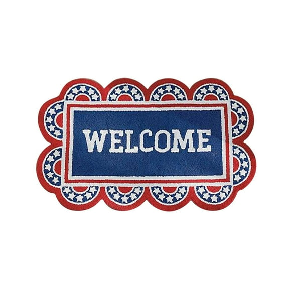 Eqslft Patriotic Red White Blue Welcome Doormat, Scalloped Star Border Design, Non- Floor Mat for Front Door Entryway, Indoor Outdoor Decorative Rug