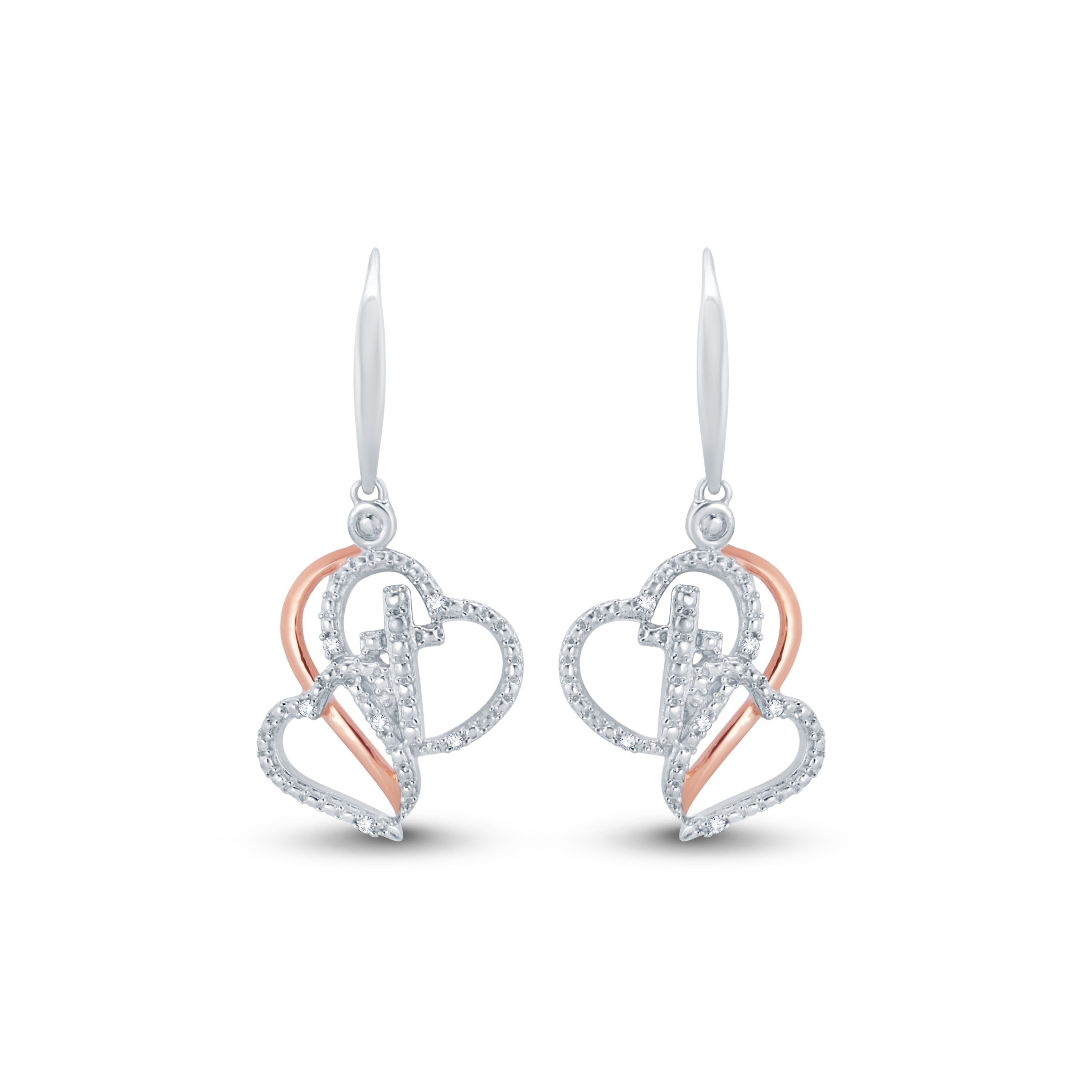 Diamond Accent 925 Sterling Silver Two Tone Diamond Heart and Cross Dangling Earrings For Women (I-J Color, I3 Clarity)