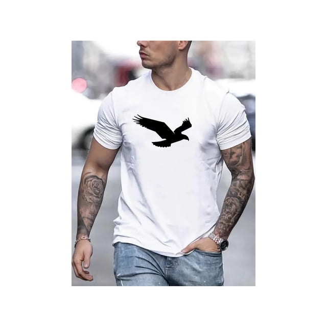 Camiseta con estampado de águila para hombre, estilo casual de calle, ligeramente elástica, cuello redondo, para verano y otoño.
