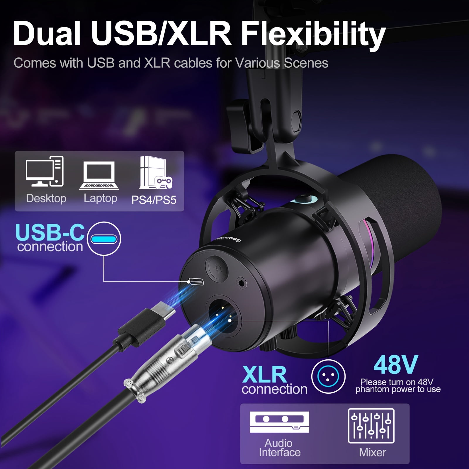 General  XLR/USB Dynamic Microphone Kit, RGB Podcast Mic with Software, Mute, Gain Knob, Volume Control, Boom Arm for Streaming, Gaming, Voice-Over, Recording- Black