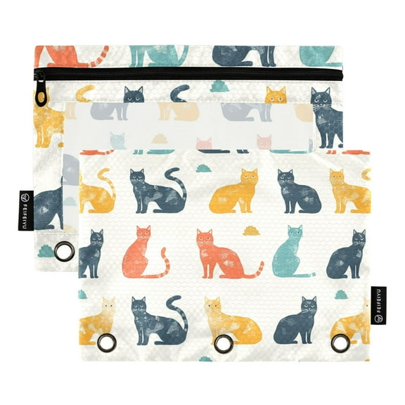 Various Pose Cats 2 Pack Pencil Pouch for 3 Ring Binder Smooth Zipper Folders with Pockets Clear Window Pencil Case