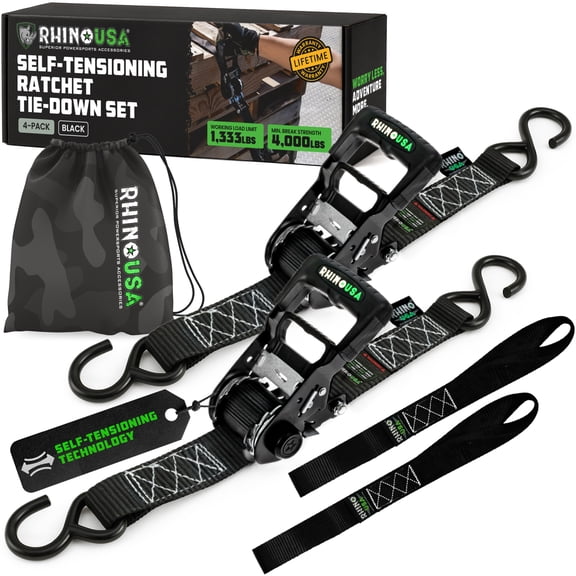 Self Tensioning Ratchet Tie Down Straps (2PK 1.6INX15FT) - Heavy Duty Patented Cargo Strap Keeps Tension When Your Load Shifts - Used for Motorcycle, ATV, UTV, Truck, General Cargo & More