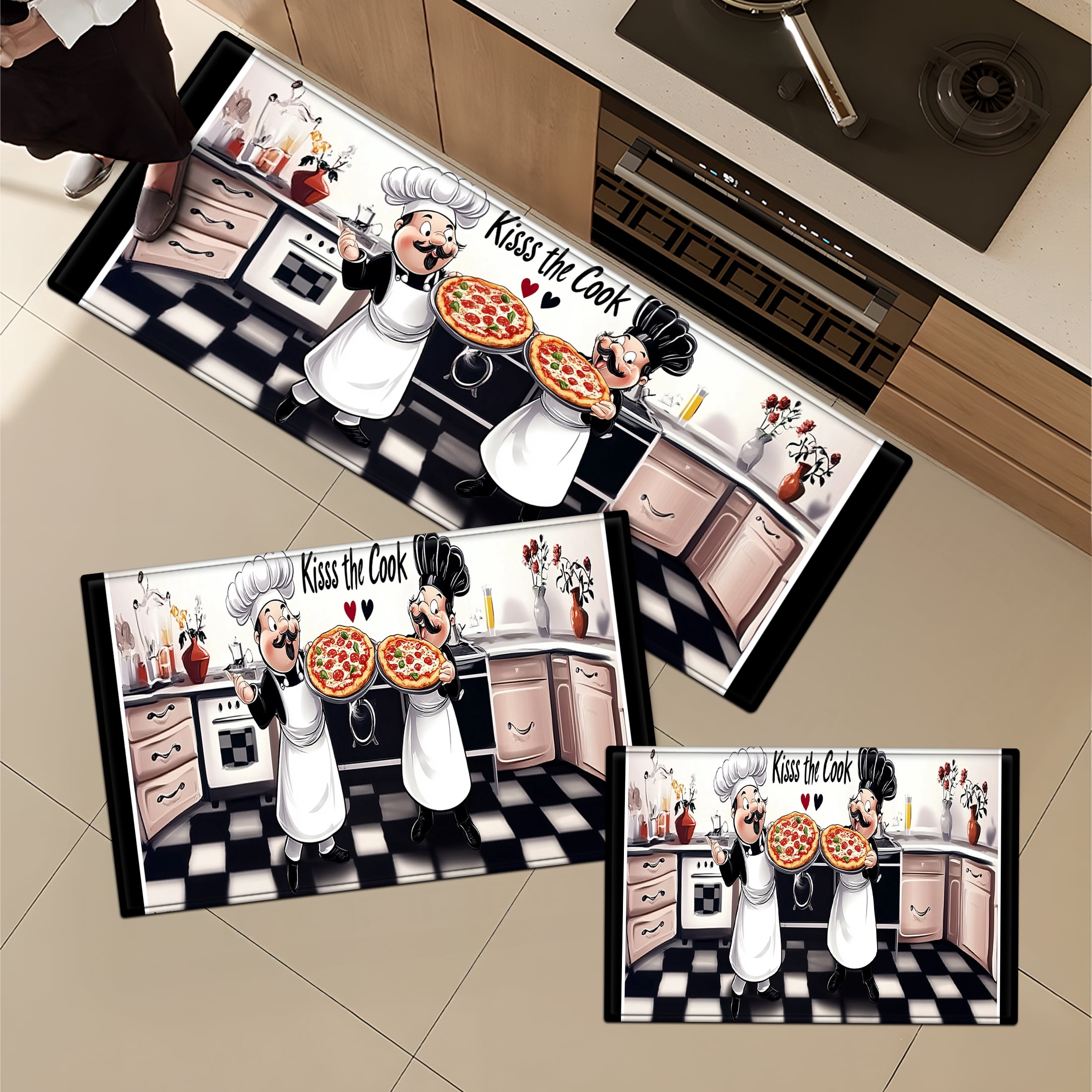 YIMEIS Pizza Chef Valentine's Day Kitchen Mat Washable Non-Skid Absorbent Runner Rugs (16''24''/20''32''/47''18'') - 1/2/3 Pcs Recommended for Kitchen Sink Front/Floor, Suitable for All Age Groups