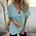 thumbnail image 4 of Olyvenn Stylish Cotton Linen Tops for Women V Neck Short Sleeve Tops Side Slit Basic Tunic Blouse Casual Style Loose Fit Solid Color Blouse Light Blue M, 4 of 9