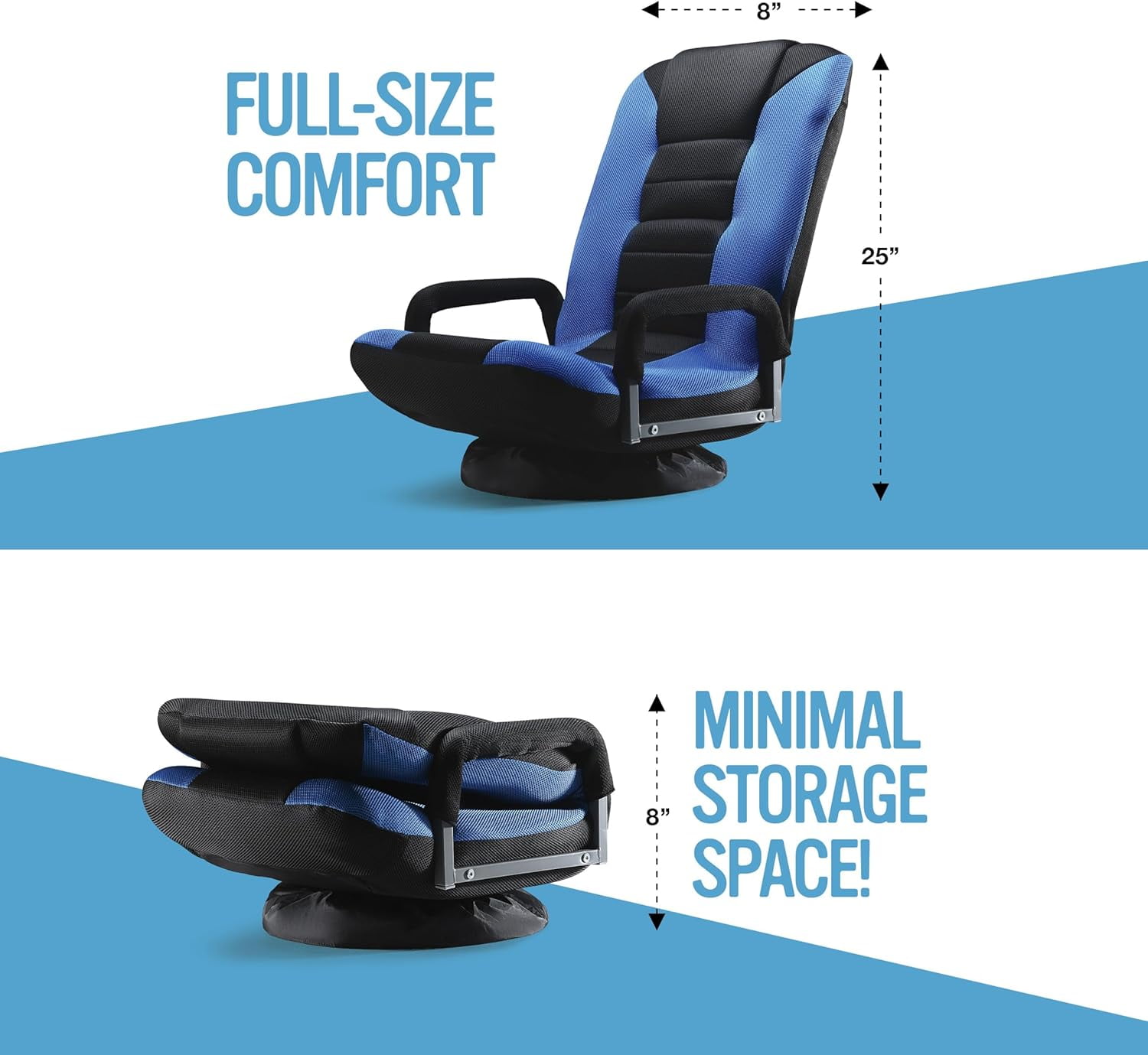 Maple99 Swivel Gaming Floor Chair - Enjoy 6 Different Positions, Adjustable Lumbar Support, Removable Polyester Cover & Arm Rests, Folds to Store, Stylish Blue with Black Center Stripe