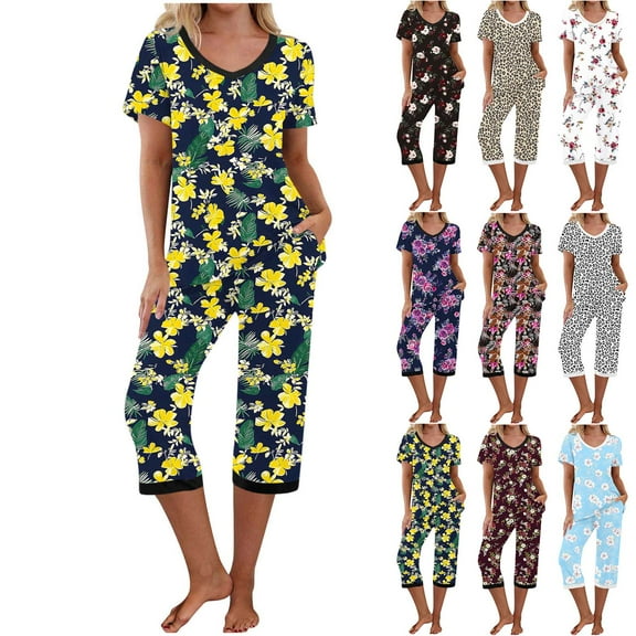 QATAINLAV Mens Gifts! Womens Pajama Sets Cute Floral Print V Neck Short Sleeve Blouse and Loose Capris Cotton Sleepwear 2 Piece Outfits White S
