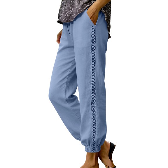 Women's Linen Pants with Pockets Side Lace Trim Trendy Beach Vacation Casual Trousers Elastic Bottom (XL, Light Blue)
