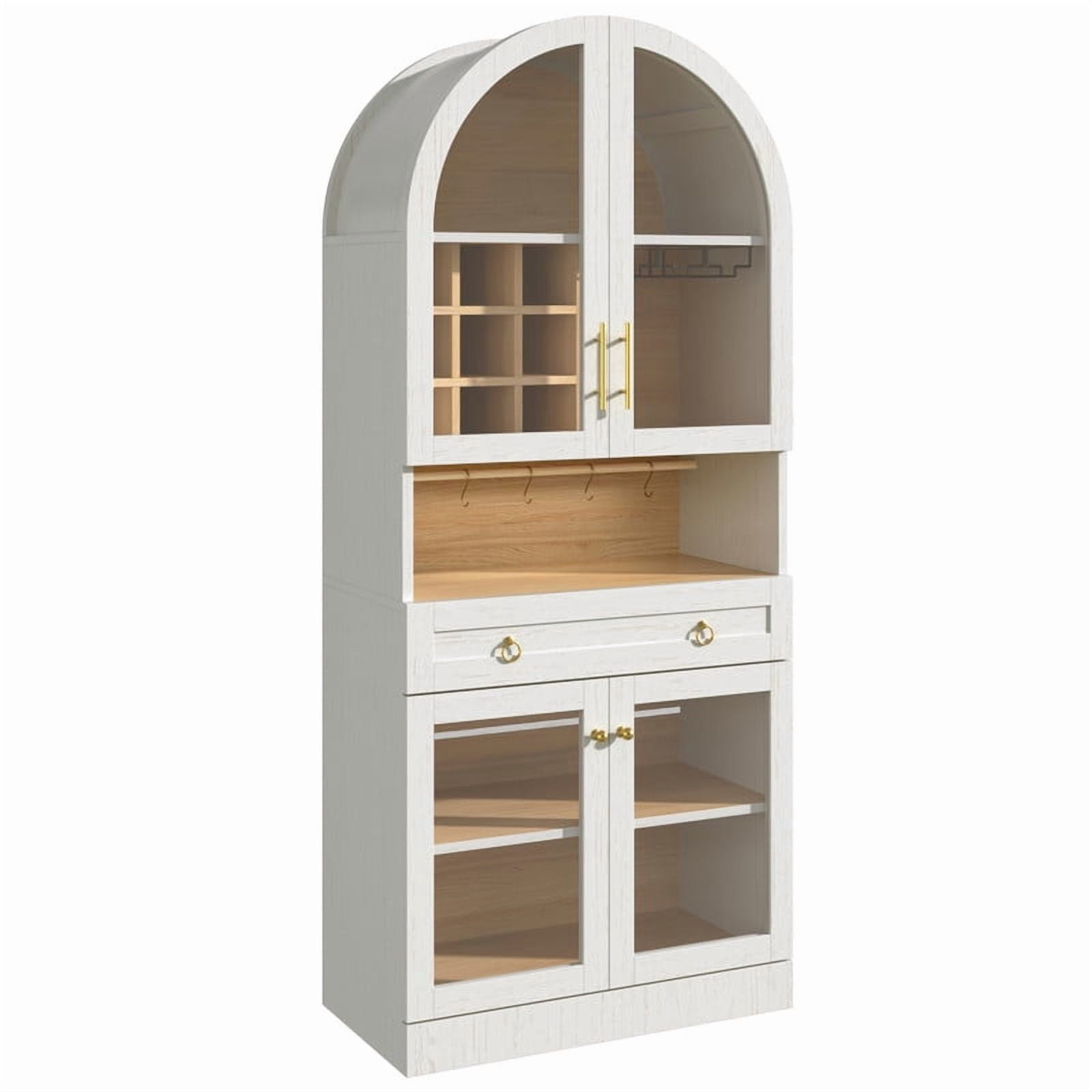 Mid-Century Bar Cabinet with Tempered Glass Doors & Drawer, Home Coffee Storage Cabinet with Hooks, Wine Racks & Glass Holders