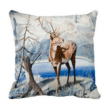 Reindeer Cushion PHFZK Winter Landscape Nature Scenery Pillow Case, Animal Reindeer among River Edge Pillowcase Throw Pillow Cushion Cover Two Sides Size 18x18 inches ()