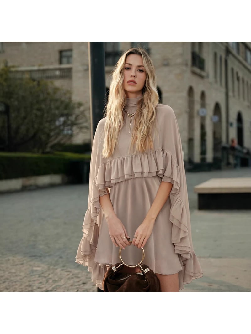 europe style chiffon dress 2026 Spring/Summer New European and American Women's Beige Ruffled Cape  Sleeve Mini Dress, High Neck Flowy Chiffon Shift Dress
