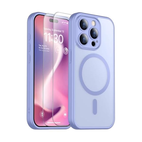 Eryueer for iPhone 15 Pro Case, Magnetic Translucent Matte Case with 2PCS Tempered Glass Screen Protector Slim Phone Case for iPhone 15 Pro 6.1'', Light Purple