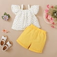 thumbnail image 4 of Kucnuzki 3T Baby Girl Summer Outfits Shorts Sets 4T Fly Sleeve Small Floral Prints Square Neck Camisole Peplum Tops Elastic Shorts 2PCS Set Yellow, 4 of 9