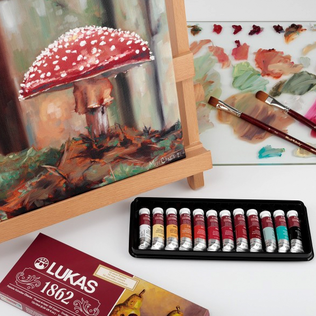 Lukas 1862 Oil Color Limited Edition Wood Box Easel Set -Professional Paint Set & Painting Kit for Adults -Includes Titanium White, 12 10ml Colors, Brushes, Palette, Canvas, & Linseed Stand Oil