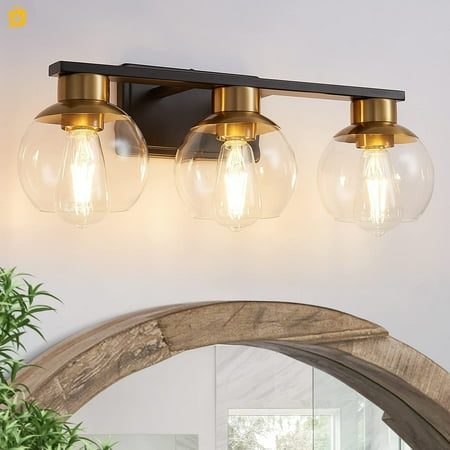 

3 Light Black and Gold Vanity Lights for Bathroom Light Fixtures Over Mirror 22 in Globe Glass 1698-3-HJ