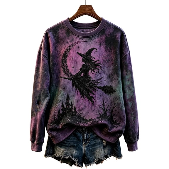 Womens Plus Size Halloween Sweatshirts Trendy Witch Printed Long Sleeve Pullovers Causal Fall Crew Neck Graphic Tops Dark Purple1 L