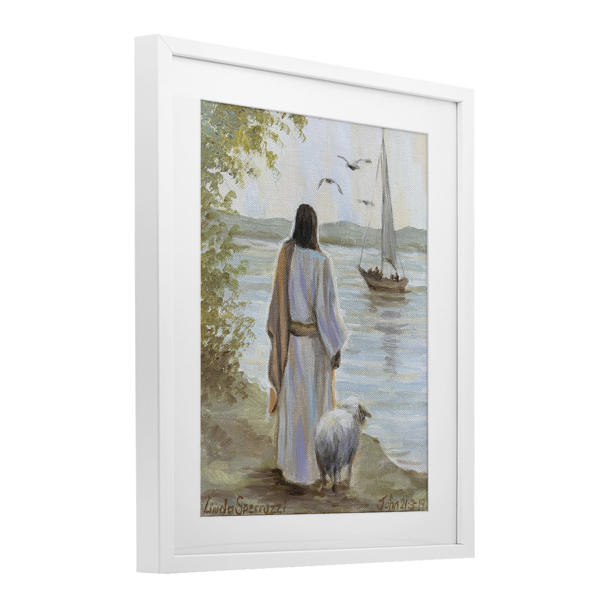 Stupell Industries Jesus Waiting Ashore White Framed Print Under Glass, design by Linda Sperruzzi