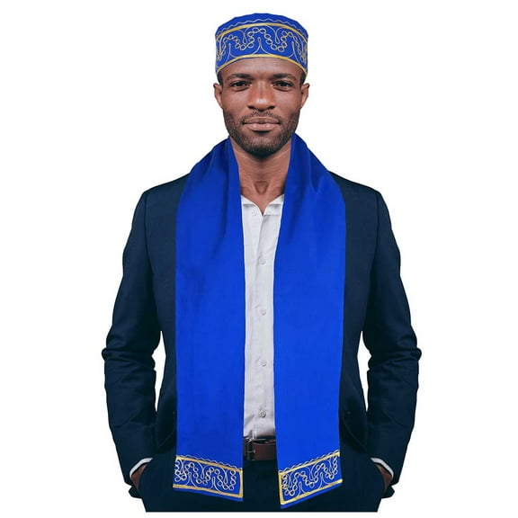 Blue and Gold Embroidered African Hat and Sash/Scarf