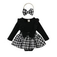 thumbnail image 1 of ZAXARRA Bébé Filles Tomber Rompers Robe Dentelle Volants Côtes Tricot Houndstooth Jupe Ourlet Combinaisons avec Bandeau, 1 of 8