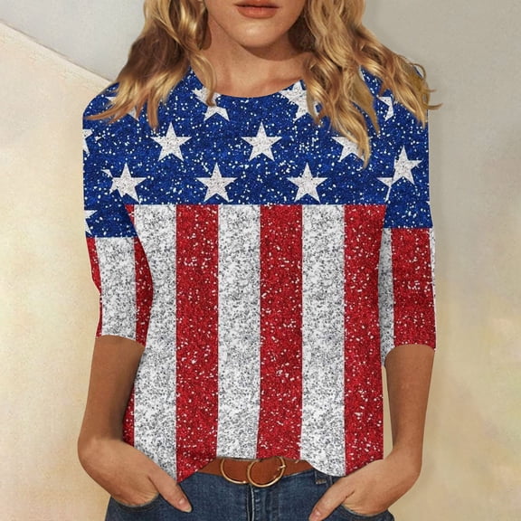 3/4 Sleeve Patriotic Tops for Women USA Flag 4Th July American Red White Blue Star Stripe T-Shirt Plus Size Navy XL