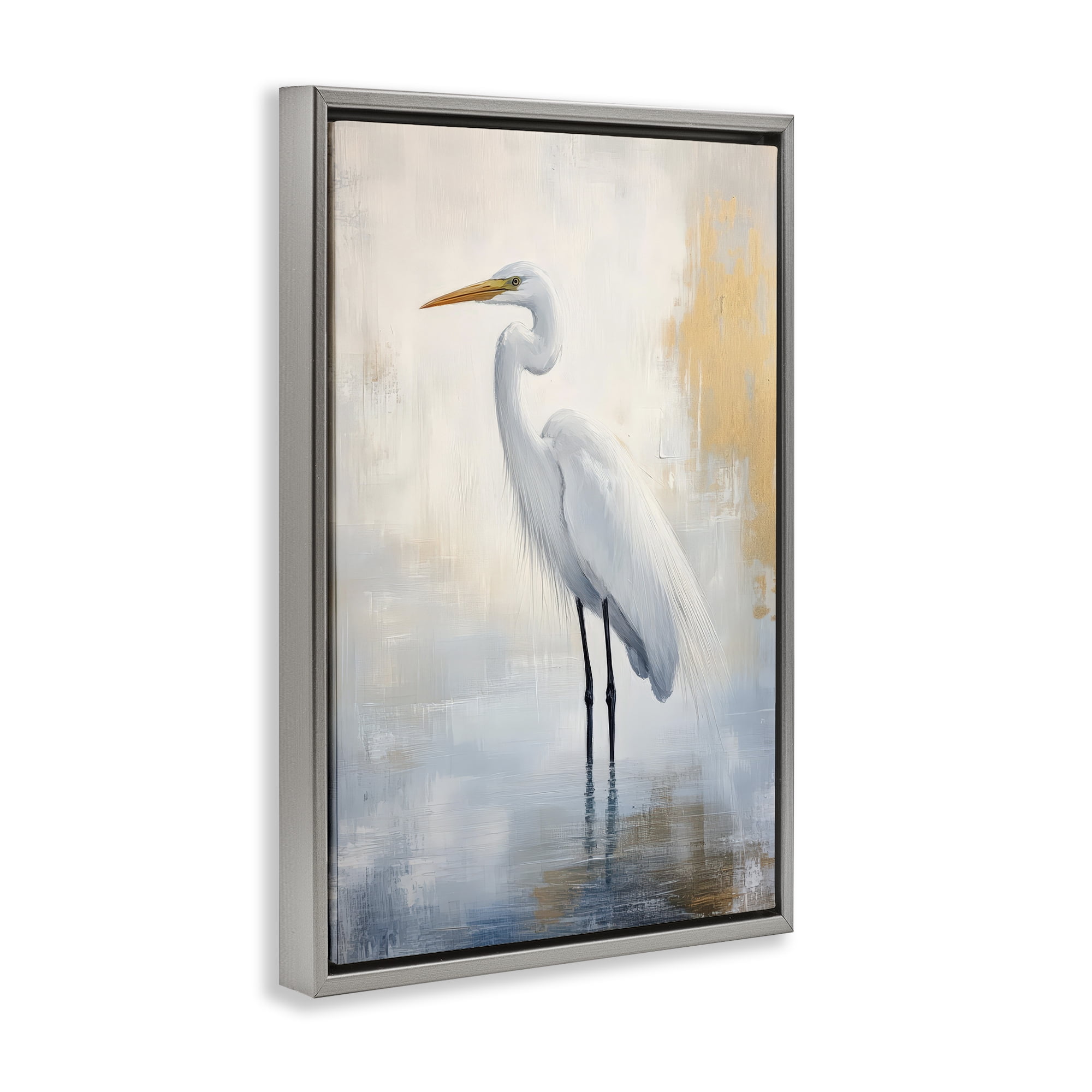 Stupell Industries Distressed Egret with Misty Reflection Gray Framed Floater Canvas Wall Art, design by Petal Prints Design