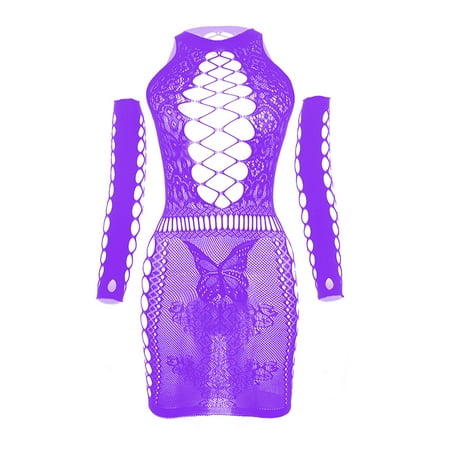 AnuirheiH Sexy Women Lingerie Sets Butterfly Lingerie Fishnet Seamless Mesh Netting Chemise Hollow Out Babydoll Dress Sleepwear Nightwear Nightdress On Sale
