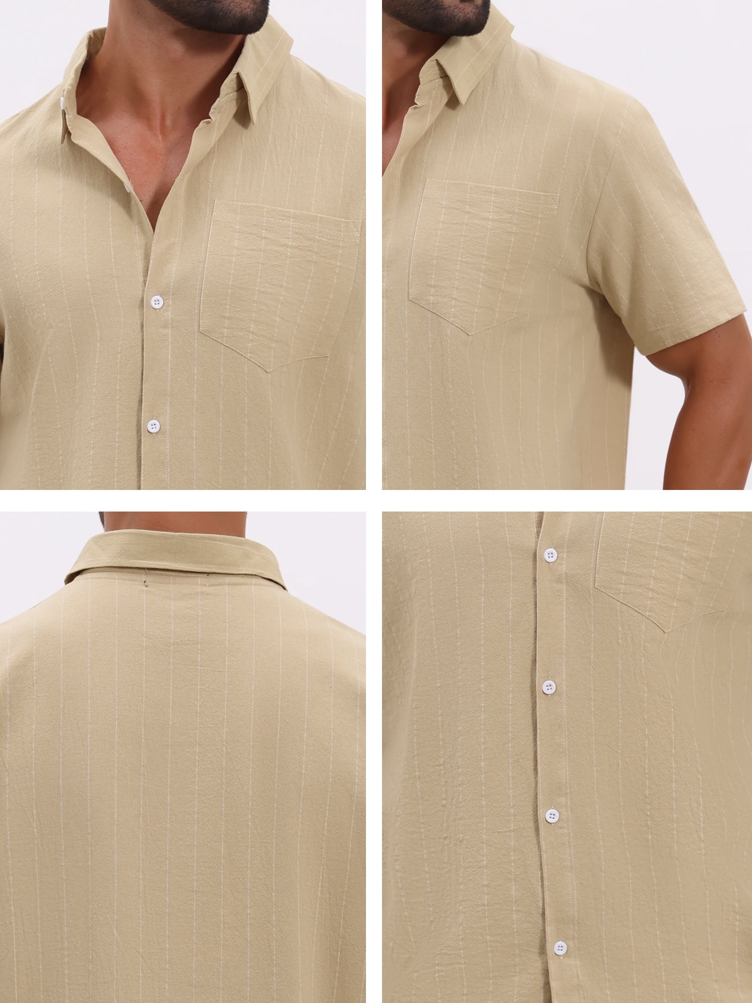DARING DIVA Men's Point Collar Short Sleeve Button Down Stripes Shirts 3XL Khaki