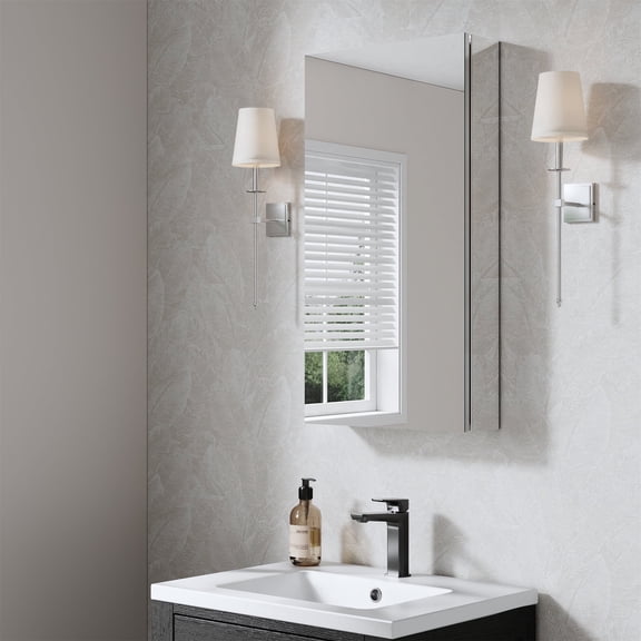 ANGELES HOME 16" x 30" Rectangle Medicine Cabinet Mirror, Surface Mount or Recessed Medicine Cabinet with Tempered Mirror, Anodized Chrome Aluminum Frame, Bathroom Mirror with Storage