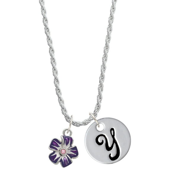 Delight Jewelry Silvertone Purple and White African Violet Flower Silvertone Script Initial Disc - Y - Charm Necklace, 20"+3"
