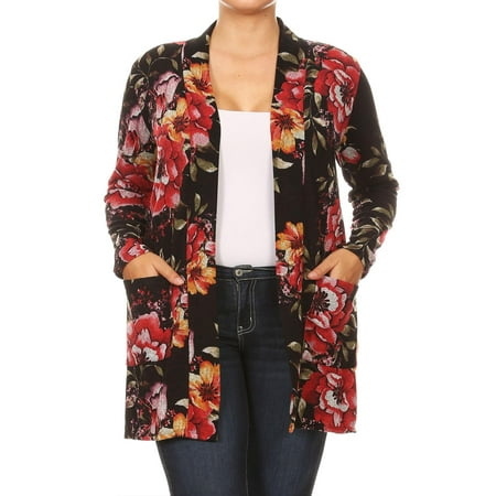 Women's Casual Basic Pattern Print Knit Duster Cardigan Sweater with Side Pockets
