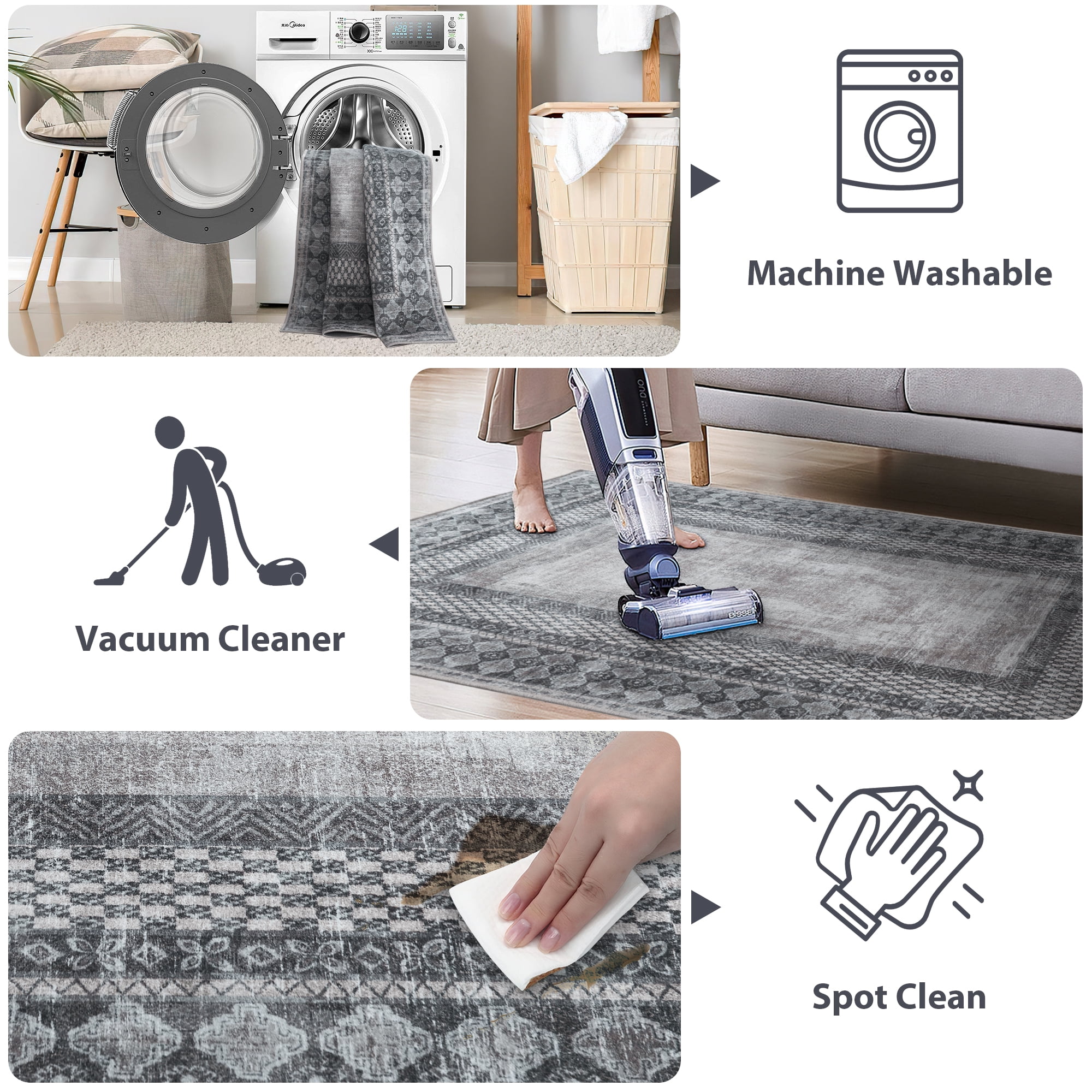 NICETOWN 5'x8' Area Rugs for Bedroom, Machine Washable Stain Resistant Rug Non-Slip Soft Foldable Tribal Accent Rug Non-Shedding Low Pile Carpet for Living Room, Charcoal Gray